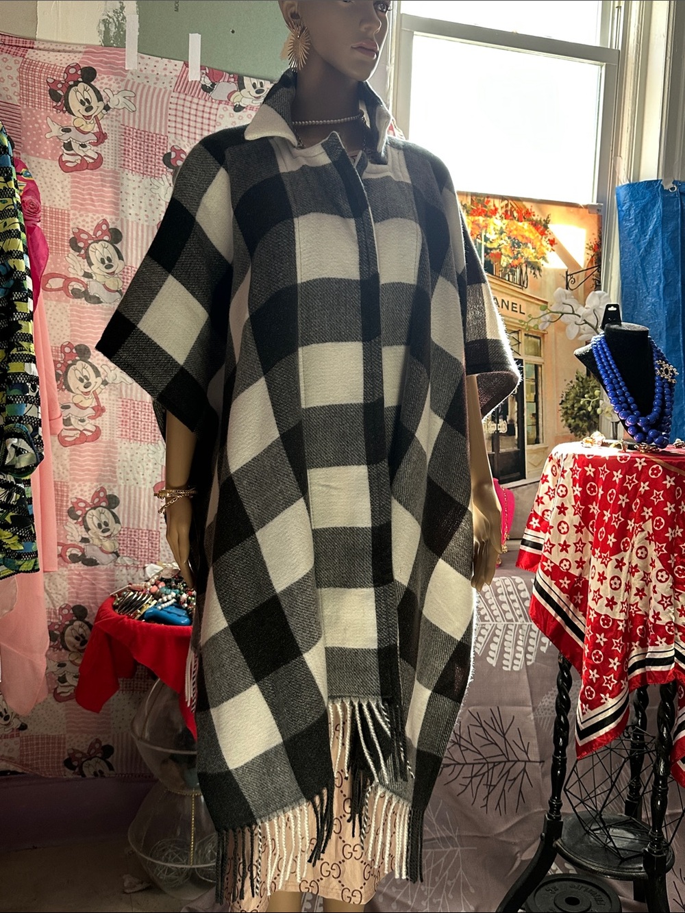Black and White Plaid Fringe Poncho - Unbranded